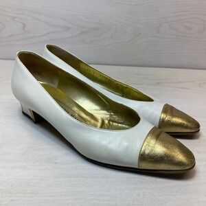 Bruno Magli Womens 8 AA Pumps Cap Toe White Gold Leather Block Heel Italy VTG